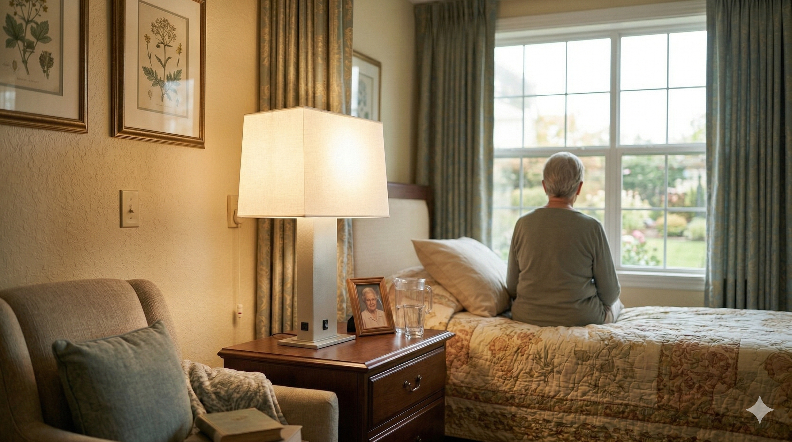 Senior living resident room with JES lamp